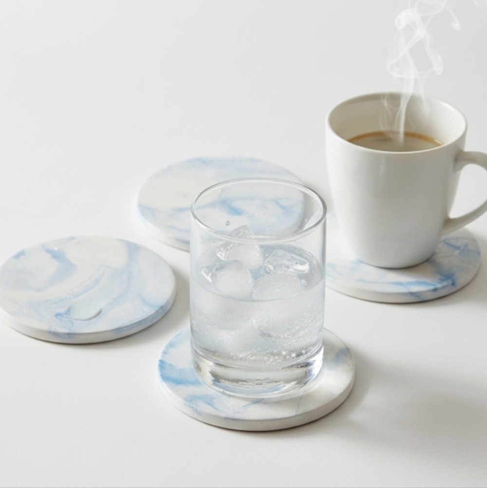 Upcycled Blue White Fluid Art Coasters Set of 4 Handmade Ceramic Circular Decor